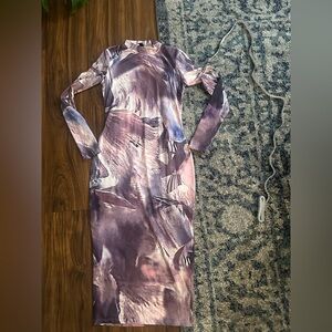 SHEIN Purple Marble-Print Long Sleeve Midi Dress